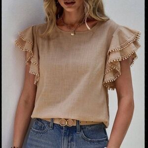 Khaki Casual Round Neck Lotus Leaf Batwing Shirt